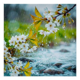 Serene White Cherry Blossoms in Spring Rain & Stre ポスター