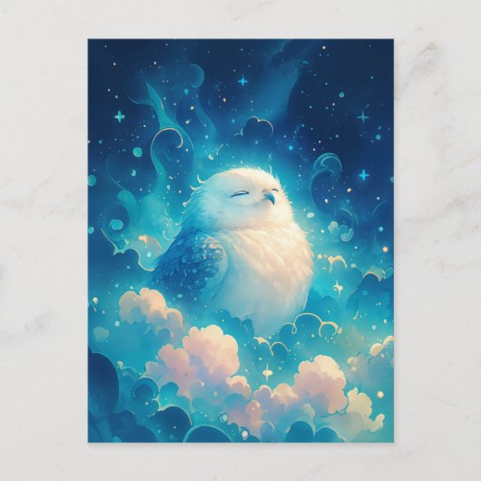 Serene White Owl Napping in Blue Clouds ポストカード (正面)