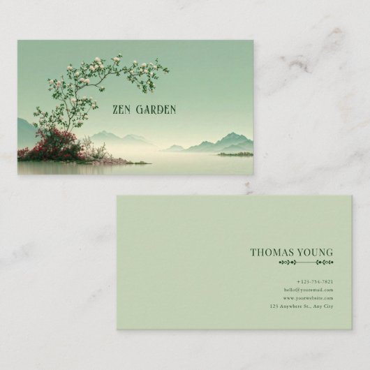 Serene White Rose Bloom Misty Mountain Lake Zen 名刺 (正面/裏面)