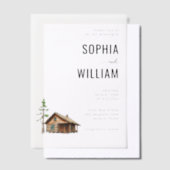 Serene White Rustic Cabin ベラム紙招待状 (オフセット)