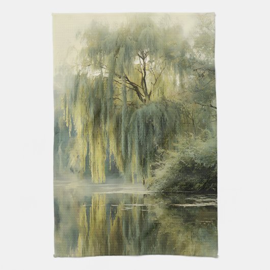 Serene Willow Tree Reflection Nature Art (10) キッチンタオル (縦)
