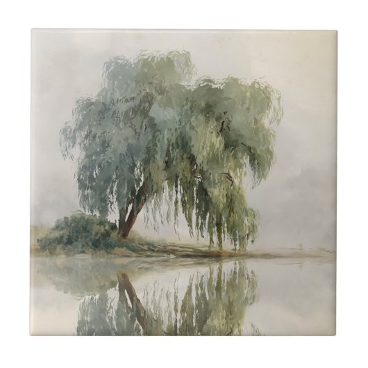 Serene Willow Tree Reflection Nature Art (10) タイル (正面)