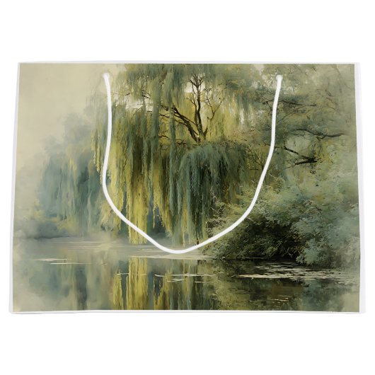 Serene Willow Tree Reflection Nature Art (10) ラージペーパーバッグ (正面)