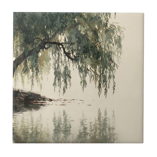 Serene Willow Tree Reflection Nature Art (11) タイル (正面)