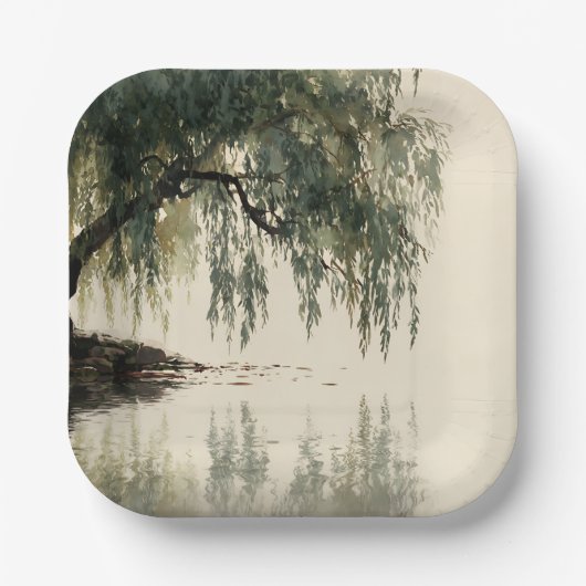 Serene Willow Tree Reflection Nature Art (11) ペーパープレート (正面)