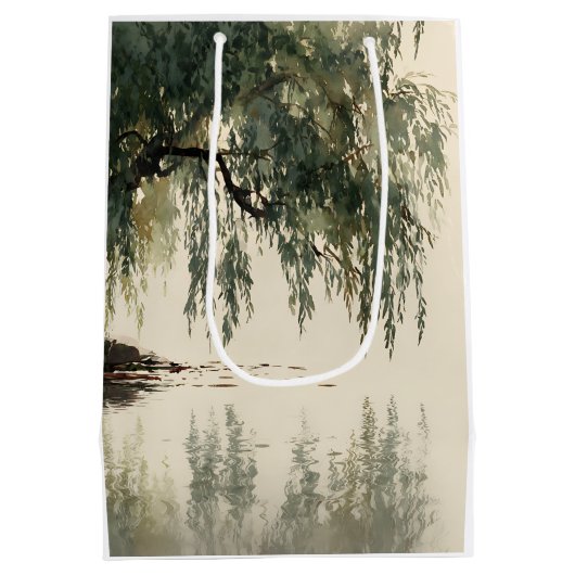 Serene Willow Tree Reflection Nature Art (11) ミディアムペーパーバッグ (裏面)