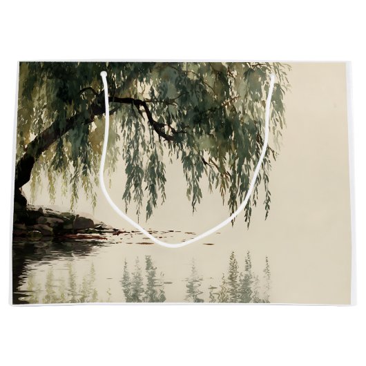 Serene Willow Tree Reflection Nature Art (11) ラージペーパーバッグ (正面)