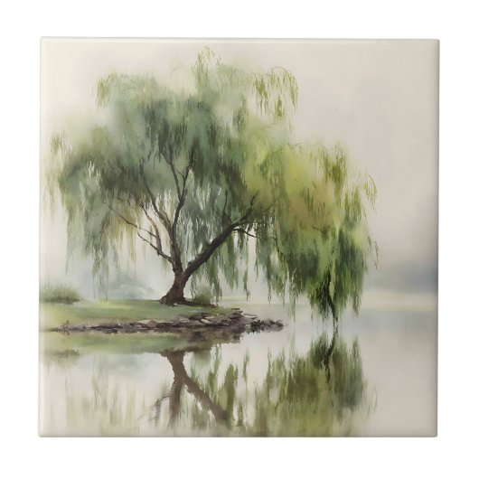 Serene Willow Tree Reflection Nature Art (12) タイル (正面)