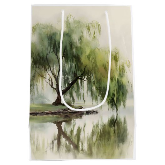 Serene Willow Tree Reflection Nature Art (12) ミディアムペーパーバッグ (裏面)
