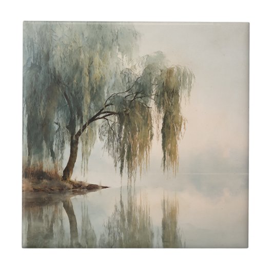 Serene Willow Tree Reflection Nature Art (13) タイル (正面)