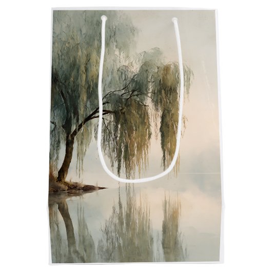 Serene Willow Tree Reflection Nature Art (13) ミディアムペーパーバッグ (裏面)