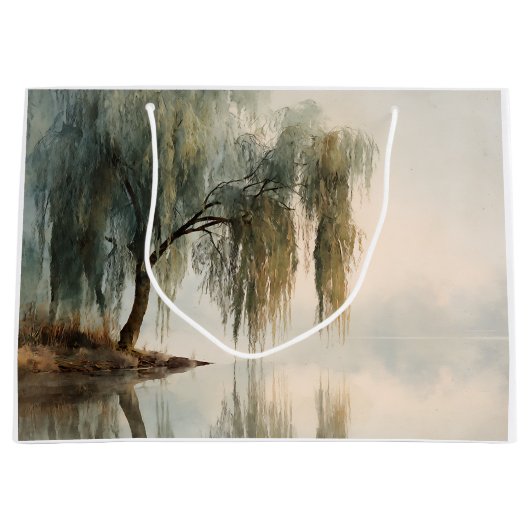 Serene Willow Tree Reflection Nature Art (13) ラージペーパーバッグ (正面)