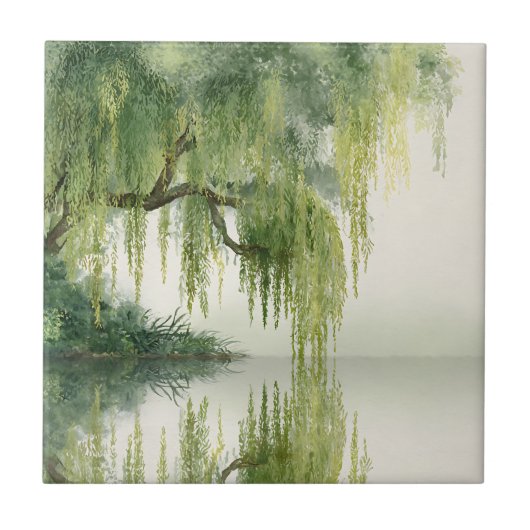 Serene Willow Tree Reflection Nature Art (14) タイル (正面)