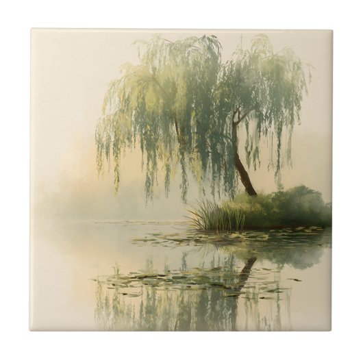 Serene Willow Tree Reflection Nature Art (1) タイル (正面)