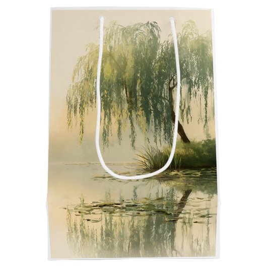 Serene Willow Tree Reflection Nature Art (1) ミディアムペーパーバッグ (裏面)