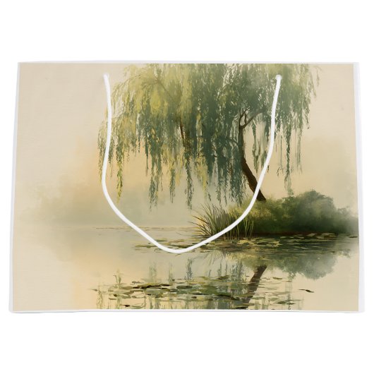 Serene Willow Tree Reflection Nature Art (1) ラージペーパーバッグ (正面)