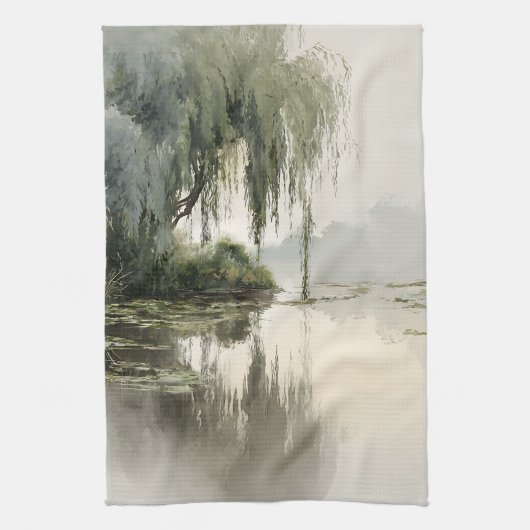 Serene Willow Tree Reflection Nature Art (2) キッチンタオル (縦)