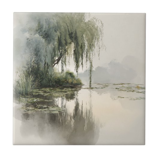 Serene Willow Tree Reflection Nature Art (2) タイル (正面)