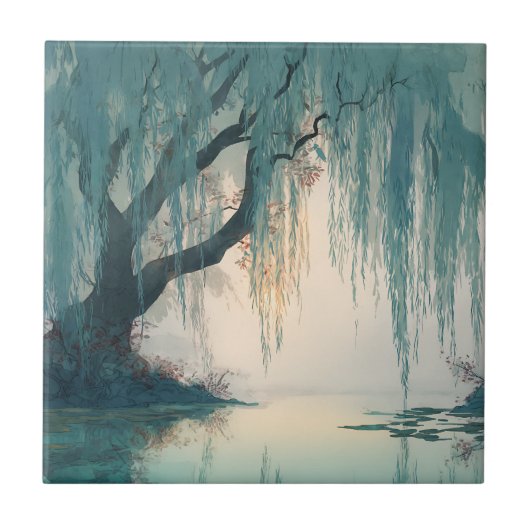 Serene Willow Tree Reflection Nature Art (3) タイル (正面)
