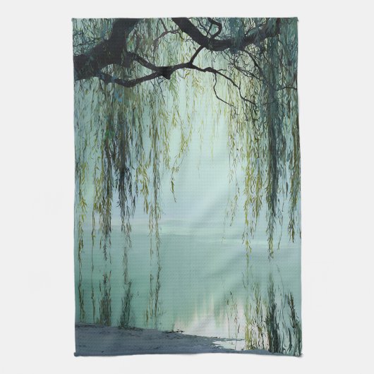 Serene Willow Tree Reflection Nature Art (4) キッチンタオル (縦)