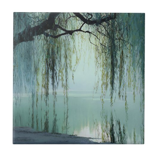 Serene Willow Tree Reflection Nature Art (4) タイル (正面)