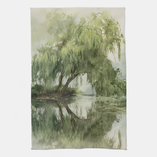 Serene Willow Tree Reflection Nature Art (5) キッチンタオル (縦)