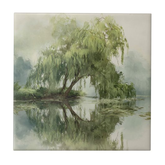 Serene Willow Tree Reflection Nature Art (5) タイル (正面)