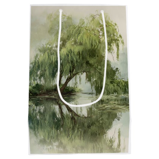 Serene Willow Tree Reflection Nature Art (5) ミディアムペーパーバッグ (裏面)