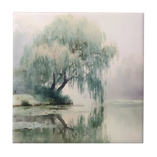 Serene Willow Tree Reflection Nature Art (7) タイル (正面)