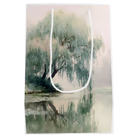 Serene Willow Tree Reflection Nature Art (7) ミディアムペーパーバッグ (裏面)