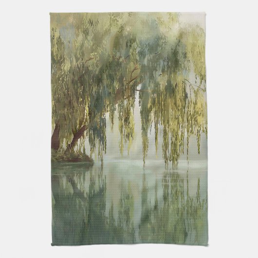 Serene Willow Tree Reflection Nature Art (8) キッチンタオル (縦)
