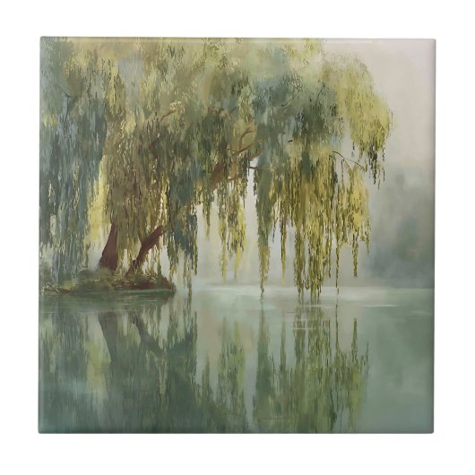 Serene Willow Tree Reflection Nature Art (8) タイル (正面)