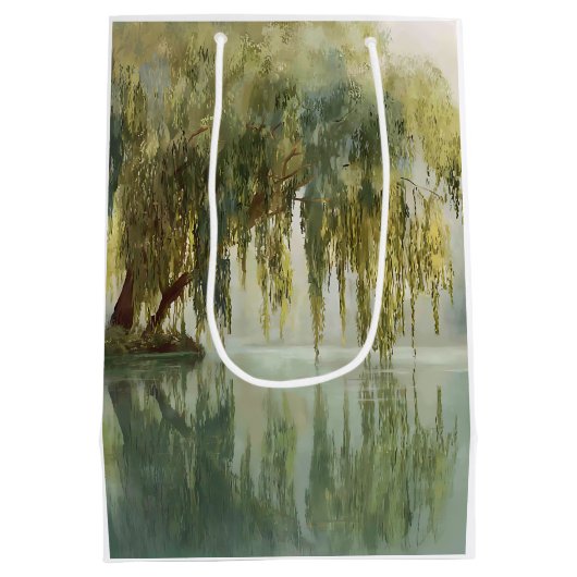 Serene Willow Tree Reflection Nature Art (8) ミディアムペーパーバッグ (裏面)