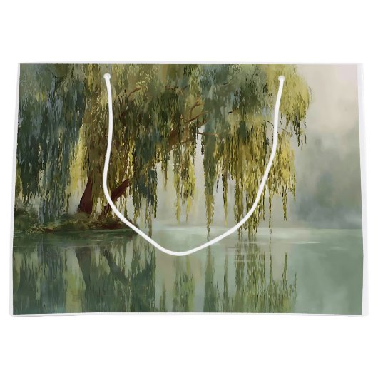 Serene Willow Tree Reflection Nature Art (8) ラージペーパーバッグ (正面)