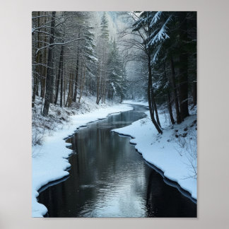 Serene Winter River Flowing Through Snowy Forest ポスター