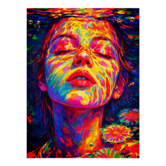 Serene Woman Underwater Rainbow Colors Impasto ポスター (正面)