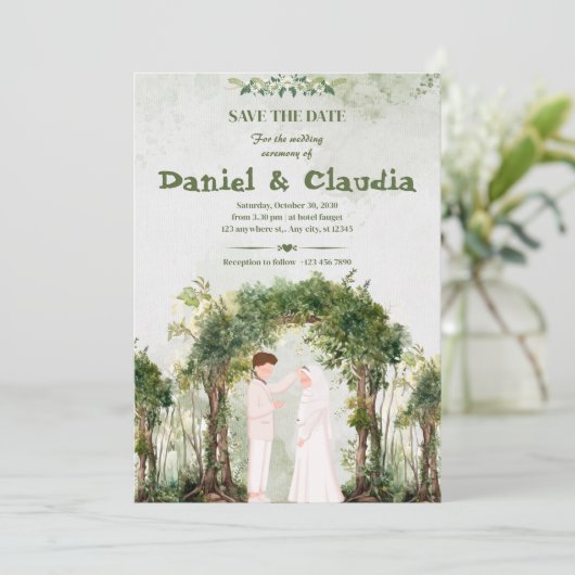 Serene Woodland Greenery Arch Islamic Wedding 招待状 (スタンド正面)