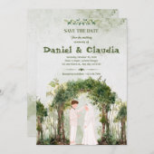 Serene Woodland Greenery Arch Islamic Wedding 招待状 (正面/裏面)