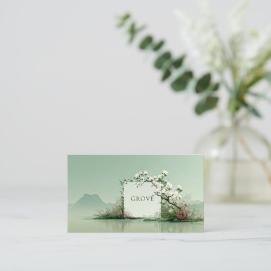 Serene Zen Garden White Rose Floral Frame Mountain 名刺 (スタンド正面)