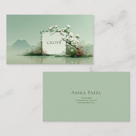 Serene Zen Garden White Rose Floral Frame Mountain 名刺 (正面/裏面)