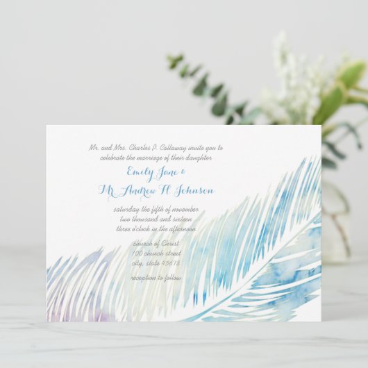 Serenity Blue and Purple Watercolor Feather 招待状 (スタンド正面)