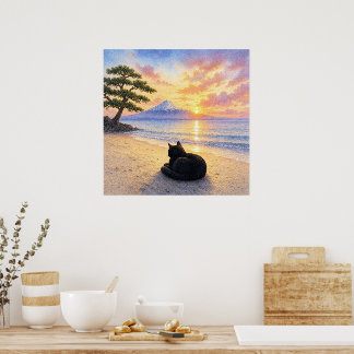 series_1_10|Square Resting Black Cat Mt Fuji Art ポスター