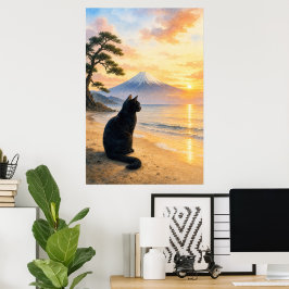 series_1_1｜Black Cat Mount Fuji Watercolor Art ポスター