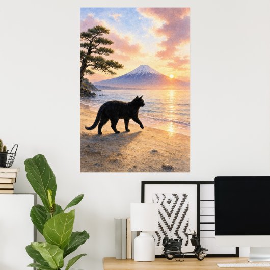 series_1_3|Walking Black Cat Mt Fuji Art ポスター (ホームオフィス)