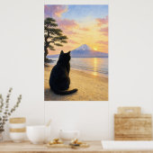 series_1_4|Peaceful Black Cat Mt Fuji Art ポスター (キッチン)