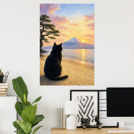 series_1_4｜Peaceful Black Cat Mt Fuji Art ポスター