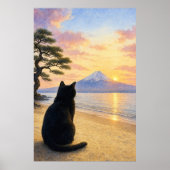 series_1_4|Peaceful Black Cat Mt Fuji Art ポスター (正面)