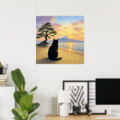 series_1_4|Square Peaceful Black Cat Mt Fuji Art ポスター (ホームオフィス)