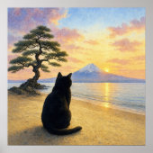 series_1_4|Square Peaceful Black Cat Mt Fuji Art ポスター (正面)