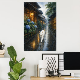 series_2_1|Rainy Kyoto White Cat Japanese Art ポスター